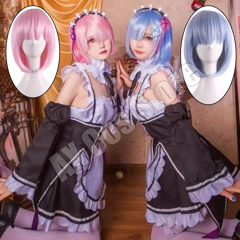 Re Zero Rem Wig - アニメ再ゼロから始める異世界生活ラムレムコスプレドレススーツレムメイド衣装ウィッグエプロンハロウィンコスチューム女性用