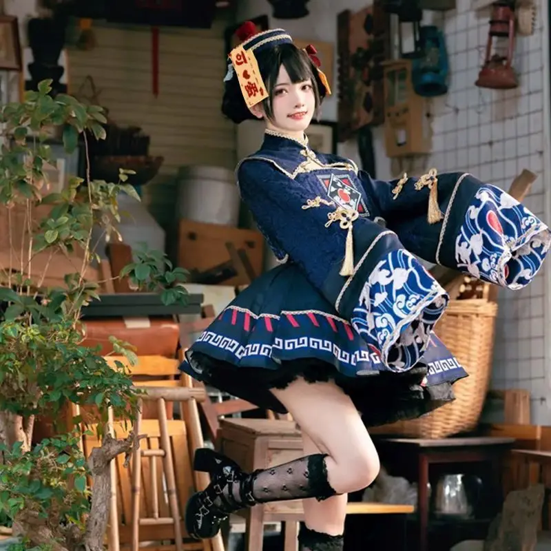 Anime Cosplay In Chinese - ロリータ中国風の甘いドレスかわいいアニメゾンビガールコスプレ漫画中国吸血鬼女性服ハロウィンパーティーウエディングセット