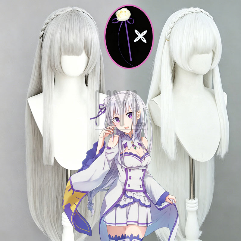 Re Zero Rem Wig - アニメ再:ゼロエミリアコスプレウィッグシルバーホワイトロング自然な見た目人工毛ヘッドウェア女性男性用ハロウィン仮装パーティー