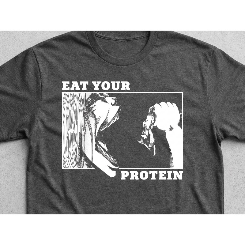 Anime Cosplay Meme - Eat Your Protein「楽しいアニメミームTシャツ」、アニメメンズTシャツ、夏の新しいスタイル、男性と女性の両方に適しています。