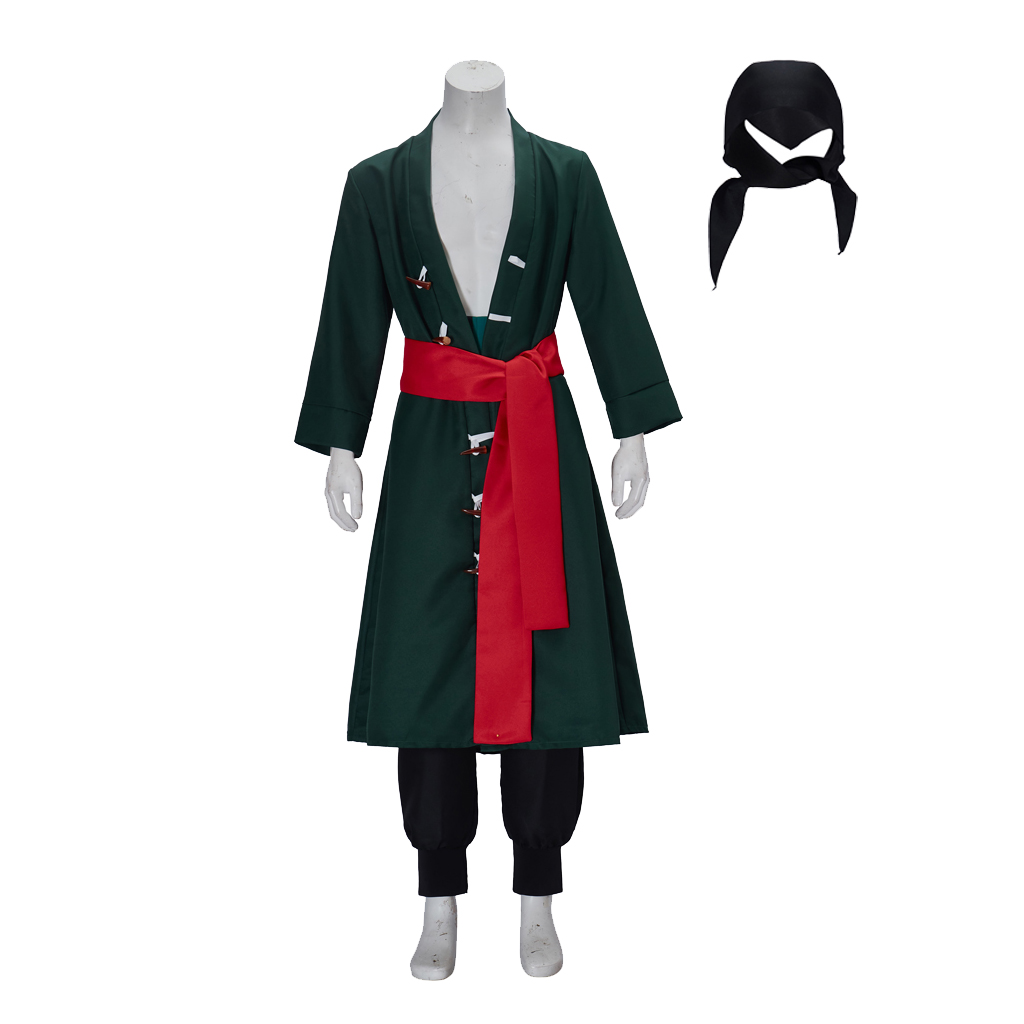 Cosplay Anime Zoro - アニメロロノアコスプレゾロ衣装制服グリーンコートベルトパンツヘッドスカーフフルセット成人男性ハロウィンカーニバルスーツ