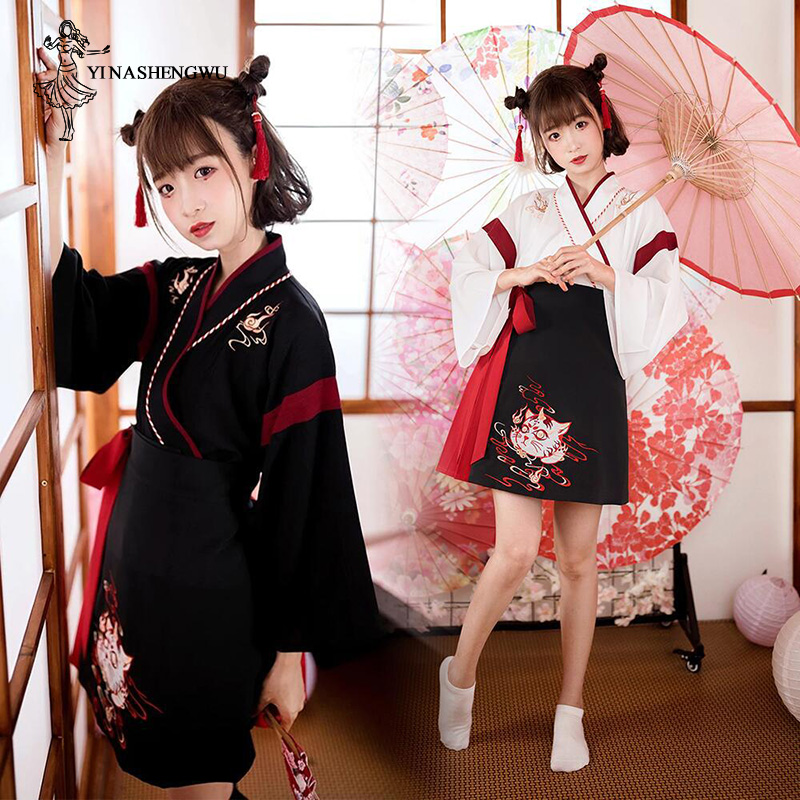 Demon Slayer Haori - 日本の着物ドレス,2ピース,女性用,黒,白の猫の刺skirtsスカート,ヴィンテージスタイル,ファッショナブル,浴衣,変装