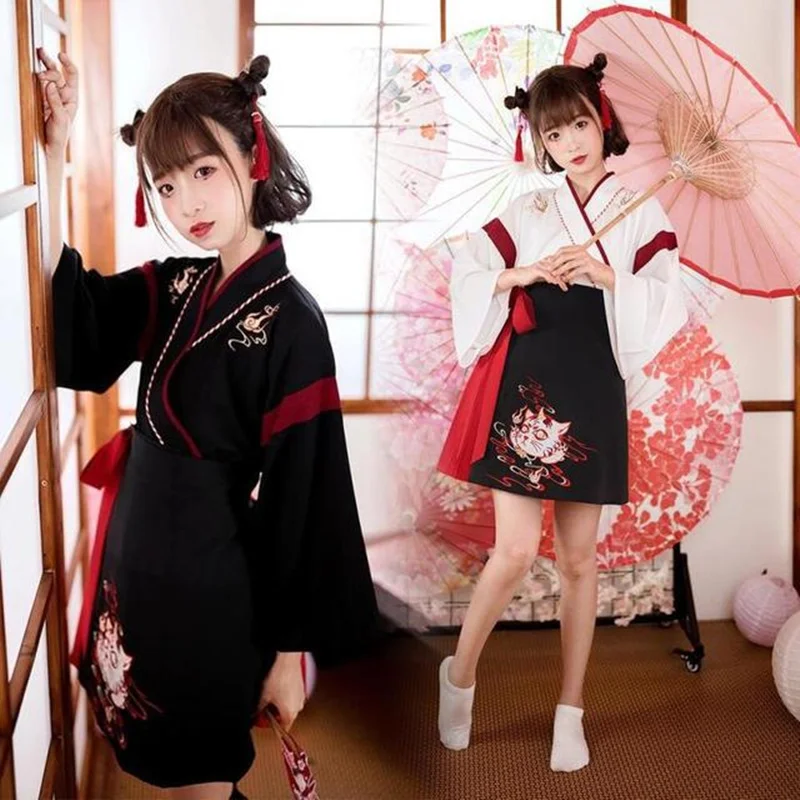 Demon Slayer Haori - 女性のための日本の着物ドレス,黒と白,猫の刺embroidery,甘いヴィンテージアジアの服,浴衣羽織,コスプレパーティー,2個セット