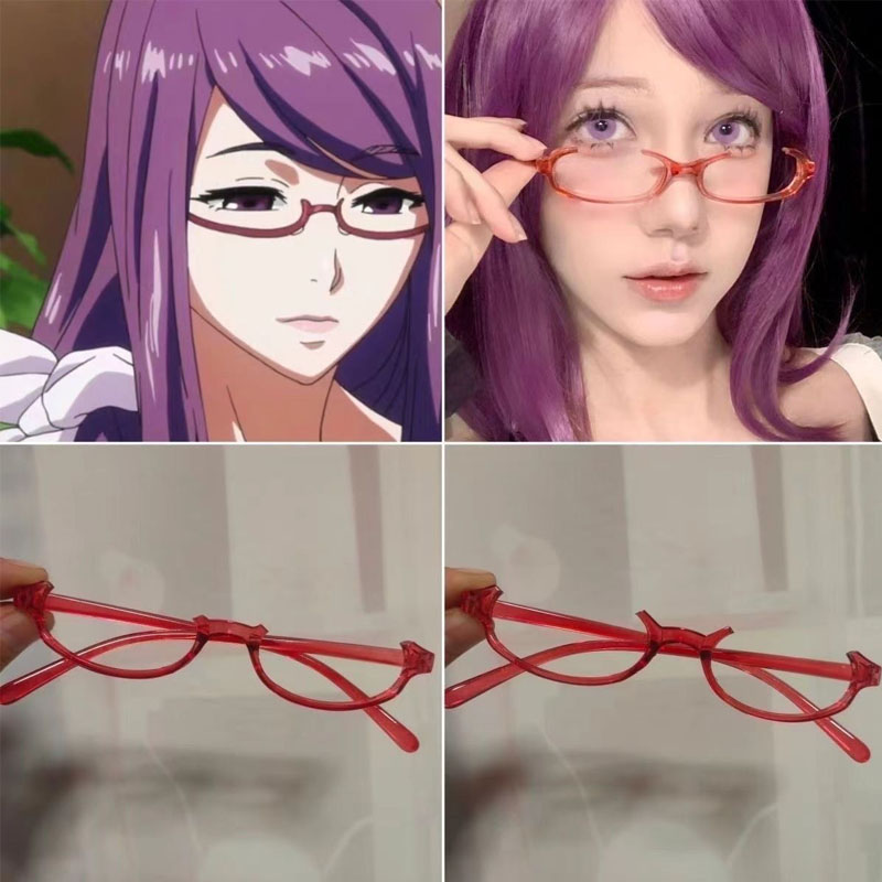 Anime Cosplay Tokyo Ghoul - アニメ東京グールキャラクター神代リゼコスプレ赤メガネロールプレイハーフフレーム眼鏡レンズなしアクセサリー眼鏡