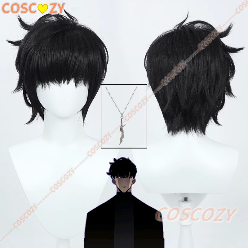 Cosplay Anime Solo - アニメソロレベルアップソンジヌコスプレウィッグソンジヌショート黒髪ハンターネックレスハロウィンパーティーコンベンションウィッグ