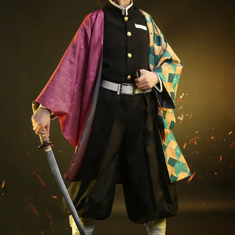 Demon Slayer Haori - アニメデーモンスレイヤー冨岡義勇コスプレ衣装鬼滅の刃着物マント男コート裏地パンツかつらハロウィン衣装
