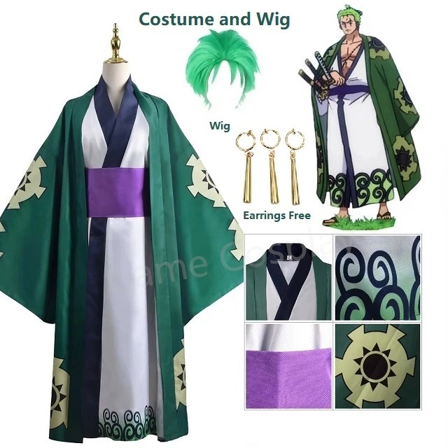 Cosplay Anime Zoro - グリーンロロノア・ゾロ着物コスプレアニメ衣装制服ハロウィン大人のスーツ裏地かつら上着ガードル Disfraz ハロウィン