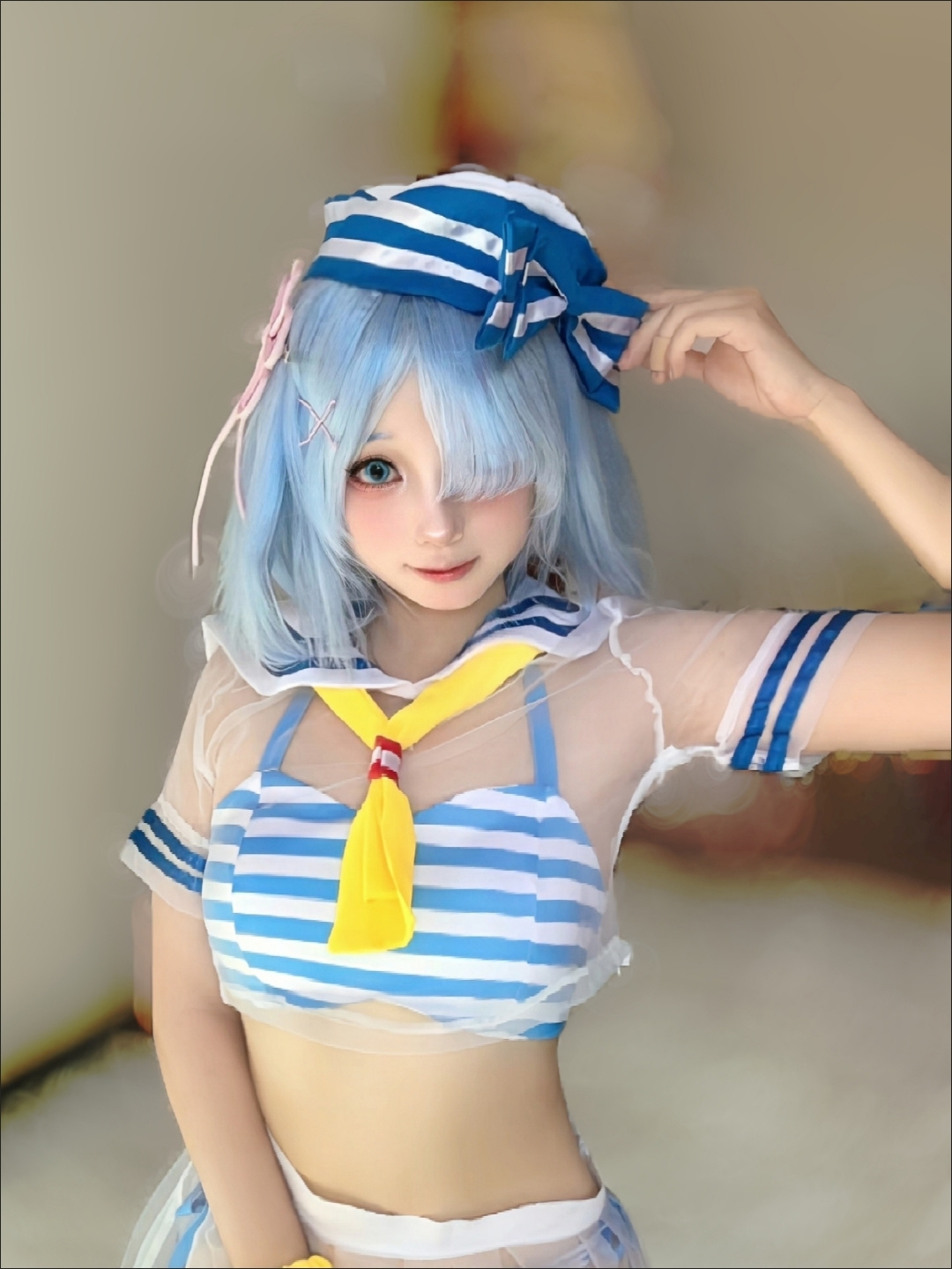 Anime Cosplay Re Zero - Re:ゼロから始める異世界生活 レム コスプレ衣装 - かわいいセーラー水着＆水着セット アニメロールプレイや夏のパーティーに最適