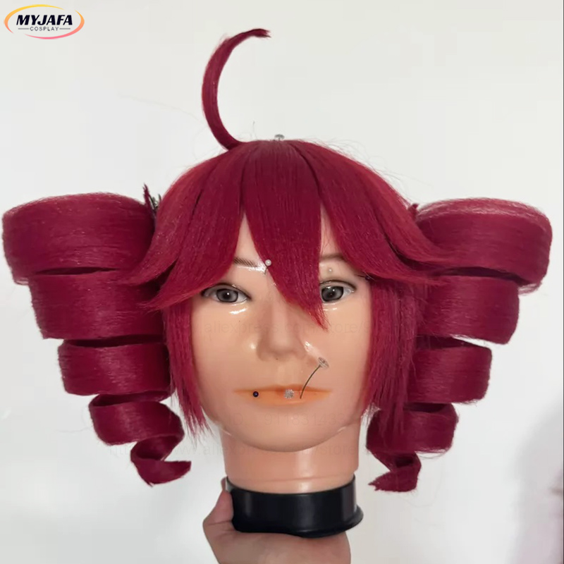 Anime Cosplay Red Hair - アニメカサネテトコスプレウィッグかわいい赤いクリップヘリカルポニーテールウィッグ耐熱合成カーリーヘアテトウィッグ + ウィッグキャップ