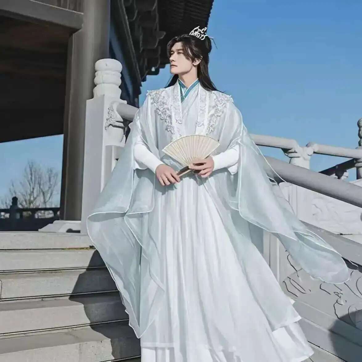 Anime Cosplay In Chinese - 大サイズ 3XL 韓服男性中国刺繍白コスプレ衣装古代韓服セットハロウィンコスプレ衣装水色韓服