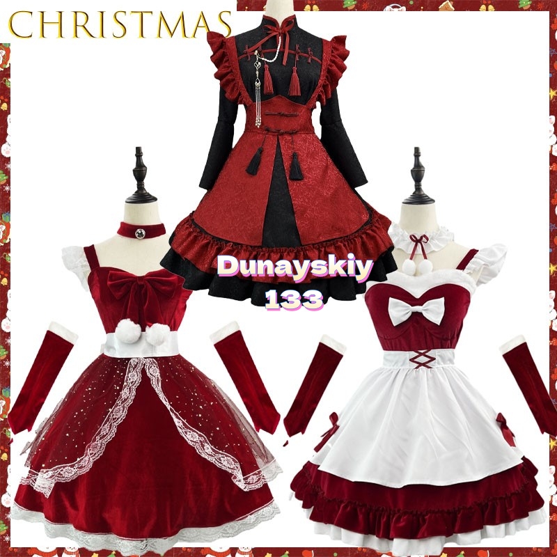 Anime Cosplay Plus Size - アニメゲームキャラクタープラスサイズベルベットメイドコスチューム純粋な魅惑的なクリスマスロールプレイドレスポリエステルコスプレ制服