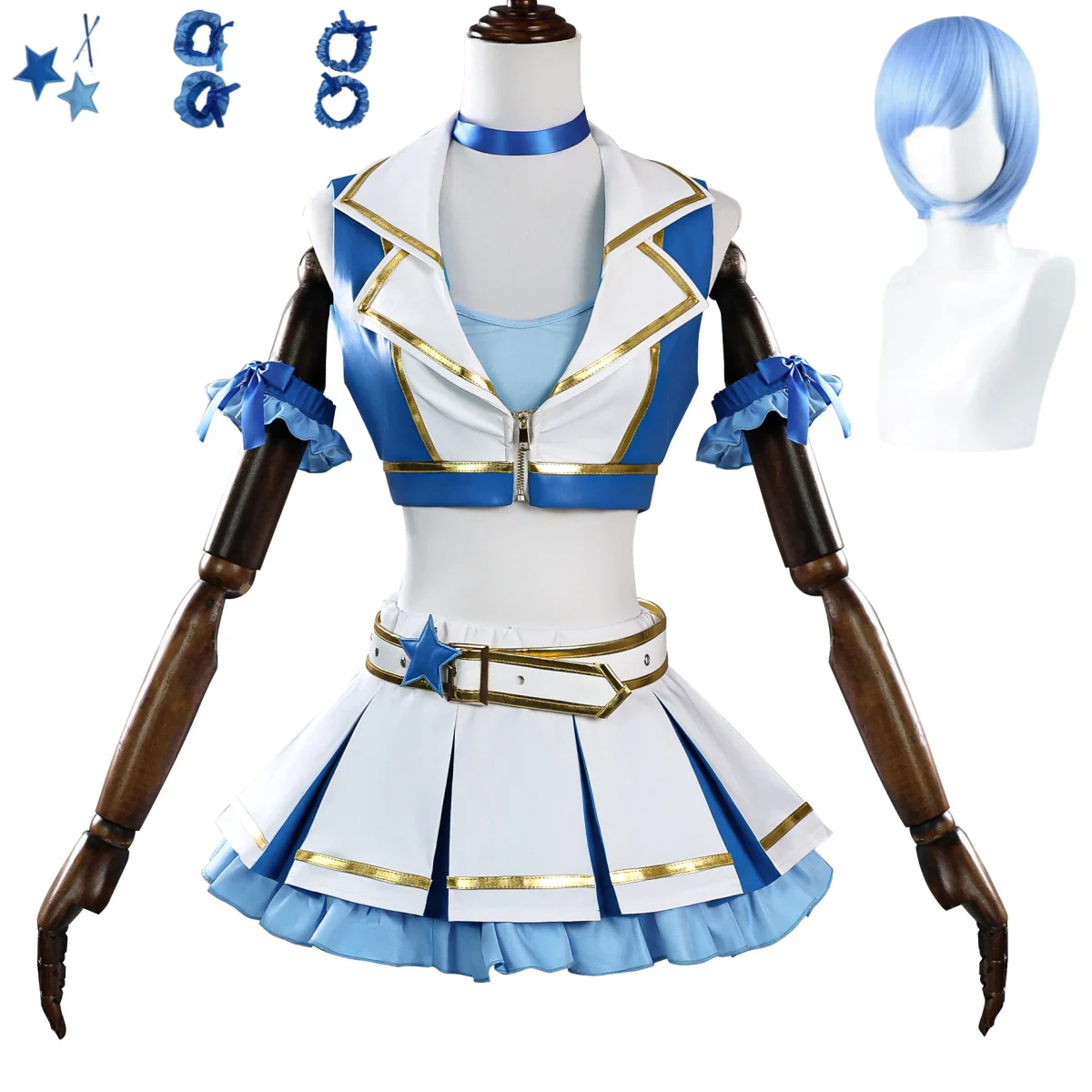 Re Zero Rem Wig - アニメ「Re:ゼロから始める異世界生活」レム コスプレ衣装 ブルーホワイトPUコート スカート ウィッグ 女性用セクシーチアリーディングチームセット