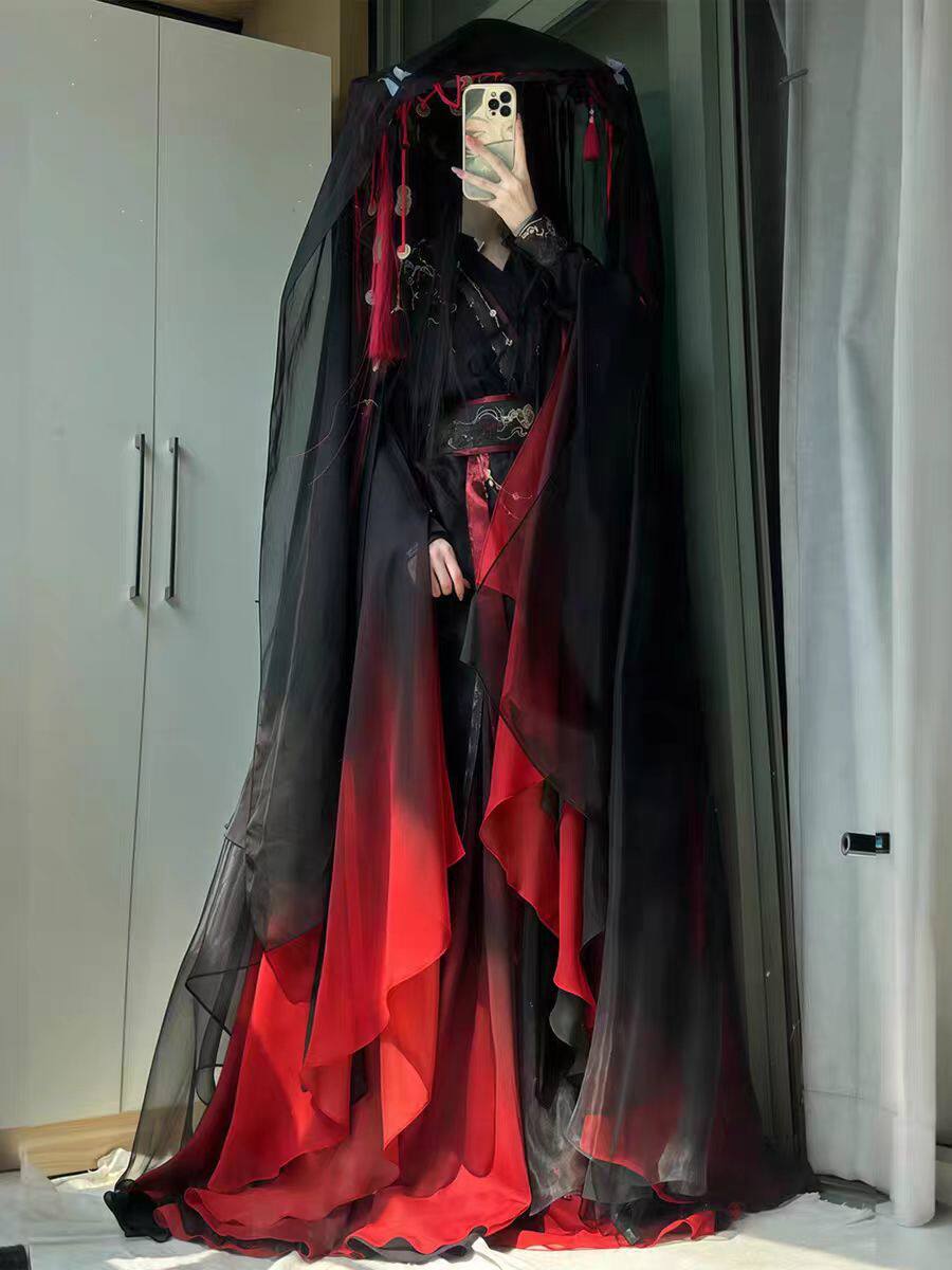ユニセックス古代中国仙侠ローブ4点セット、黒赤グラデーション - Anime Cosplay In Chinese のレビューと価格