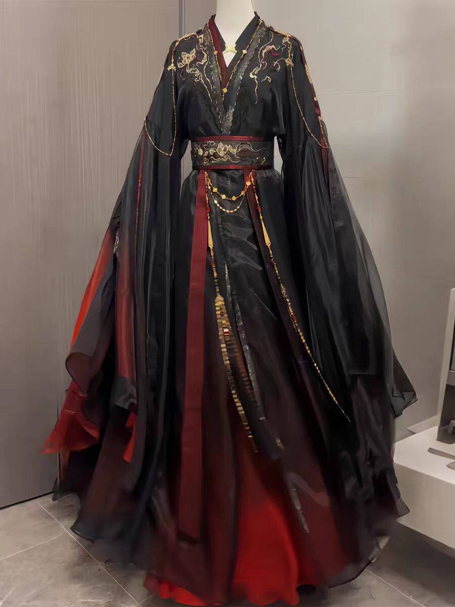 ユニセックス古代中国仙侠ローブ4点セット、黒赤グラデーション - Anime Cosplay In Chinese のレビューと価格