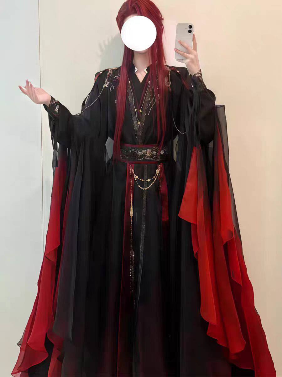 ユニセックス古代中国仙侠ローブ4点セット、黒赤グラデーション - Anime Cosplay In Chinese のレビューと価格