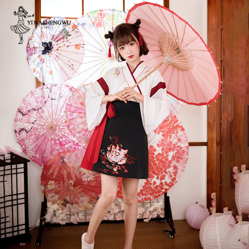 日本の着物ドレス,2ピース,女性用,黒,白の猫の刺skirt - Demon Slayer Haori のレビューと価格