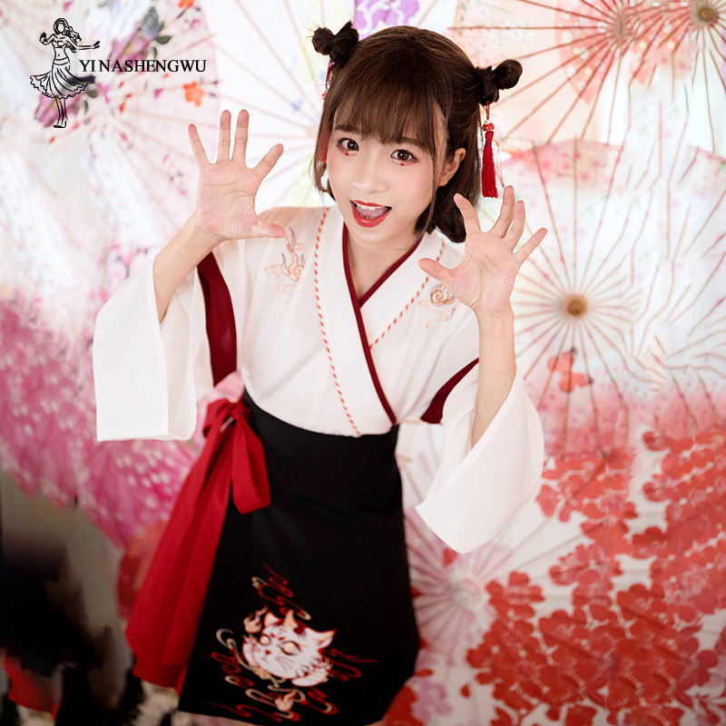 日本の着物ドレス,2ピース,女性用,黒,白の猫の刺skirt - Demon Slayer Haori のレビューと価格