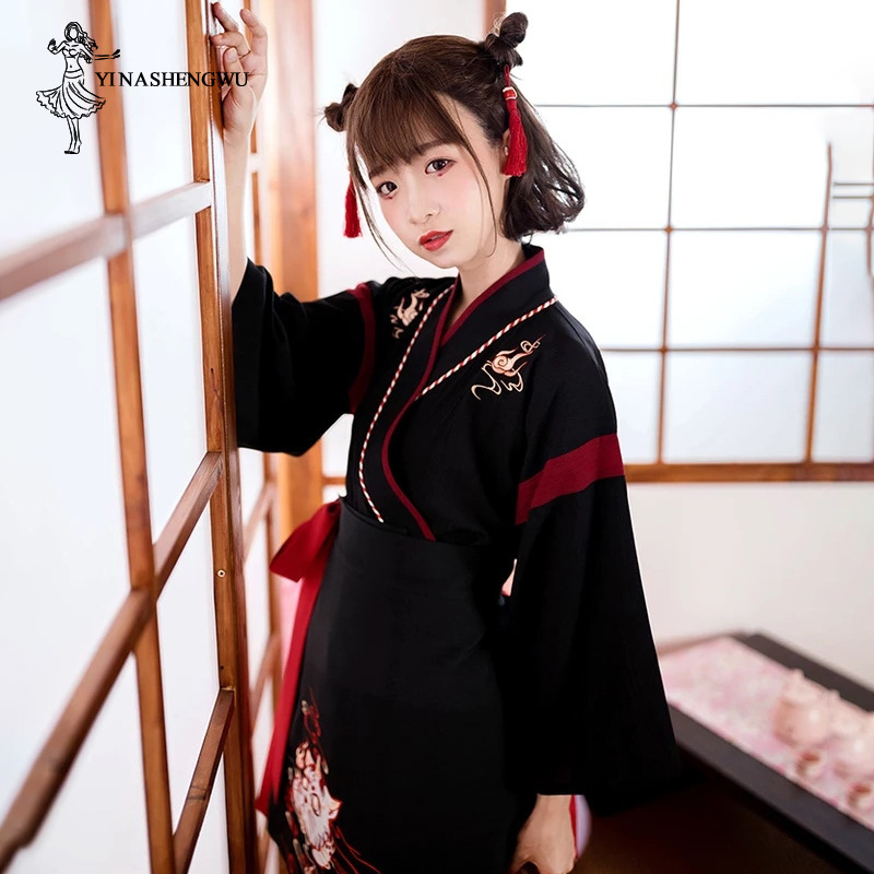 日本の着物ドレス,2ピース,女性用,黒,白の猫の刺skirt - Demon Slayer Haori のレビューと価格