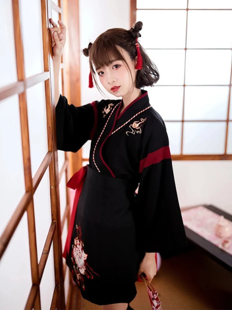 女性のための日本の着物ドレス,黒と白,猫の刺embroide - Demon Slayer Haori のレビューと価格