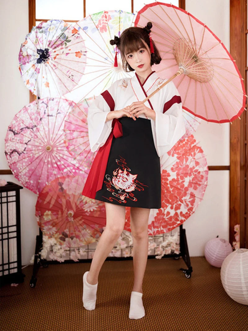 女性のための日本の着物ドレス,黒と白,猫の刺embroide - Demon Slayer Haori のレビューと価格